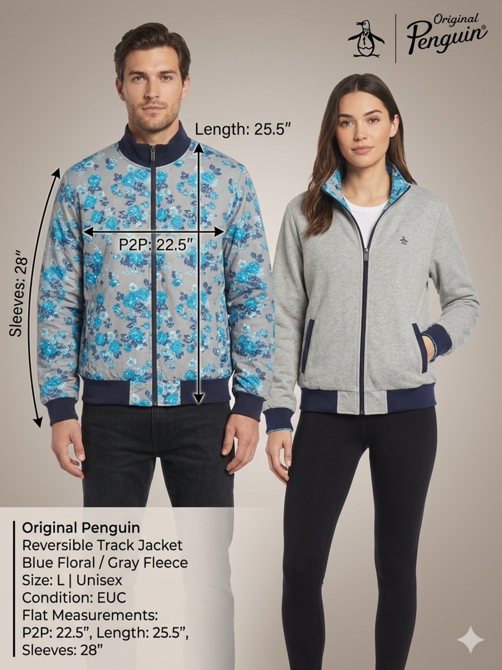 Original Penguin Reversible Track Jacket Gray Navy Floral L EUC